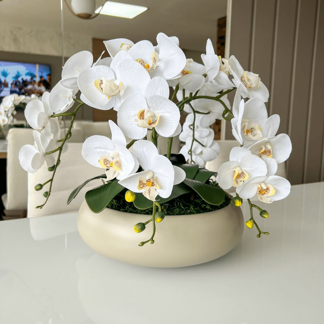 ARRANJO DE ORQUÍDEA BRANCA COM VASO DE CERÂMICA FENDI CLARA