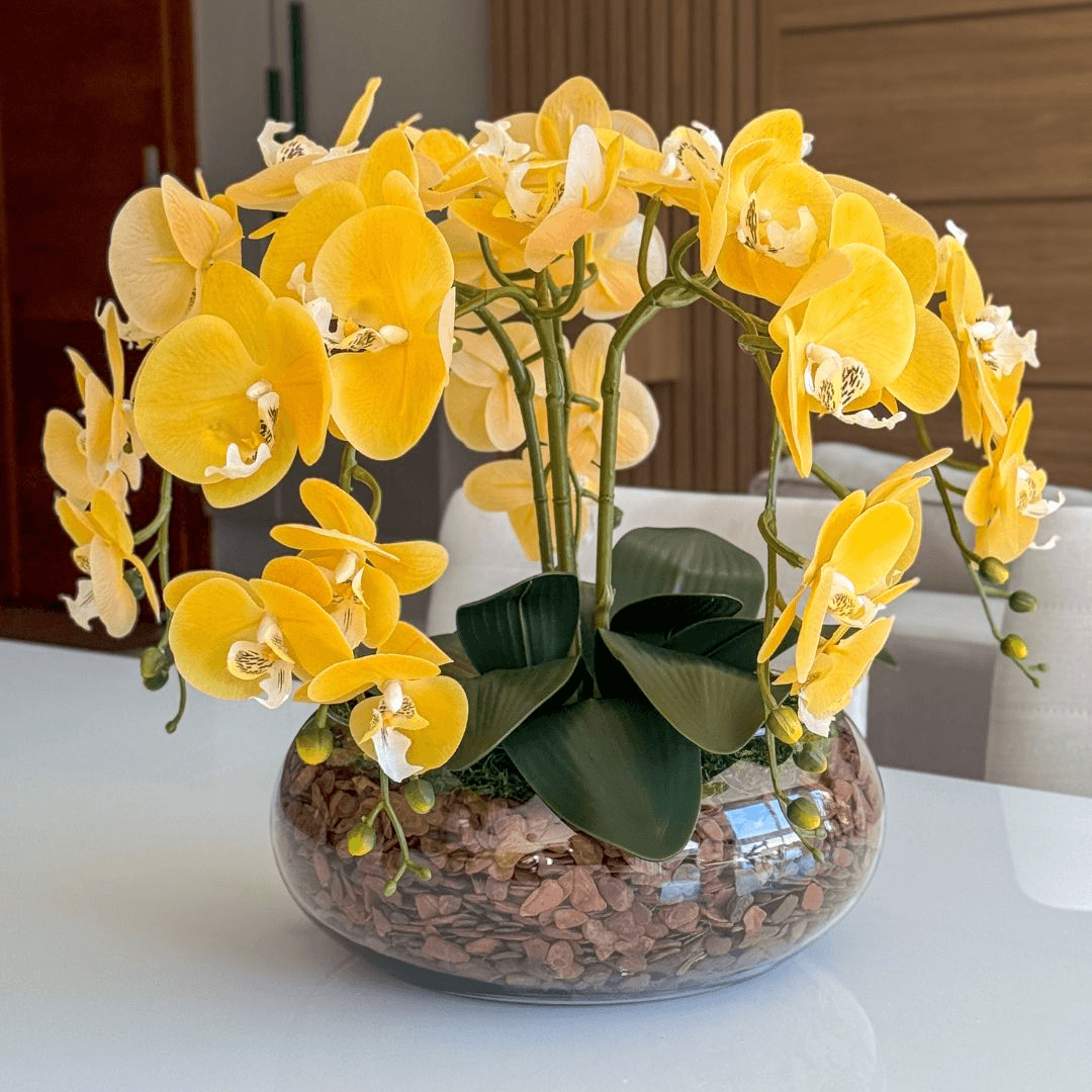 ARRANJO DE ORQUÍDEA AMARELA COM VASO DE VIDRO INCOLOR BEATRIZ