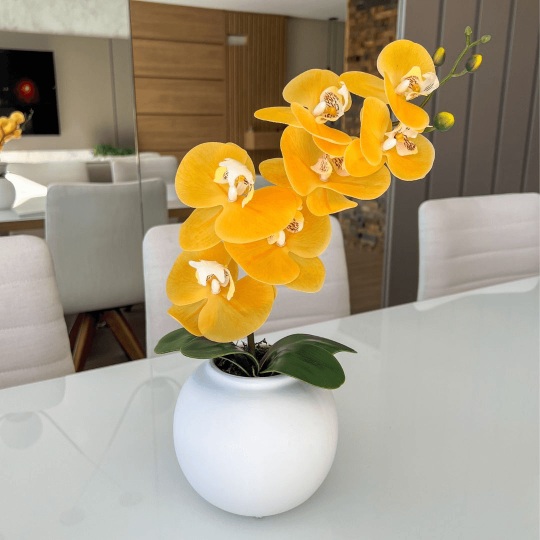 ARRANJO DE ORQUÍDEA AMARELA VASO DE CERÂMICA BRANCO DAVID