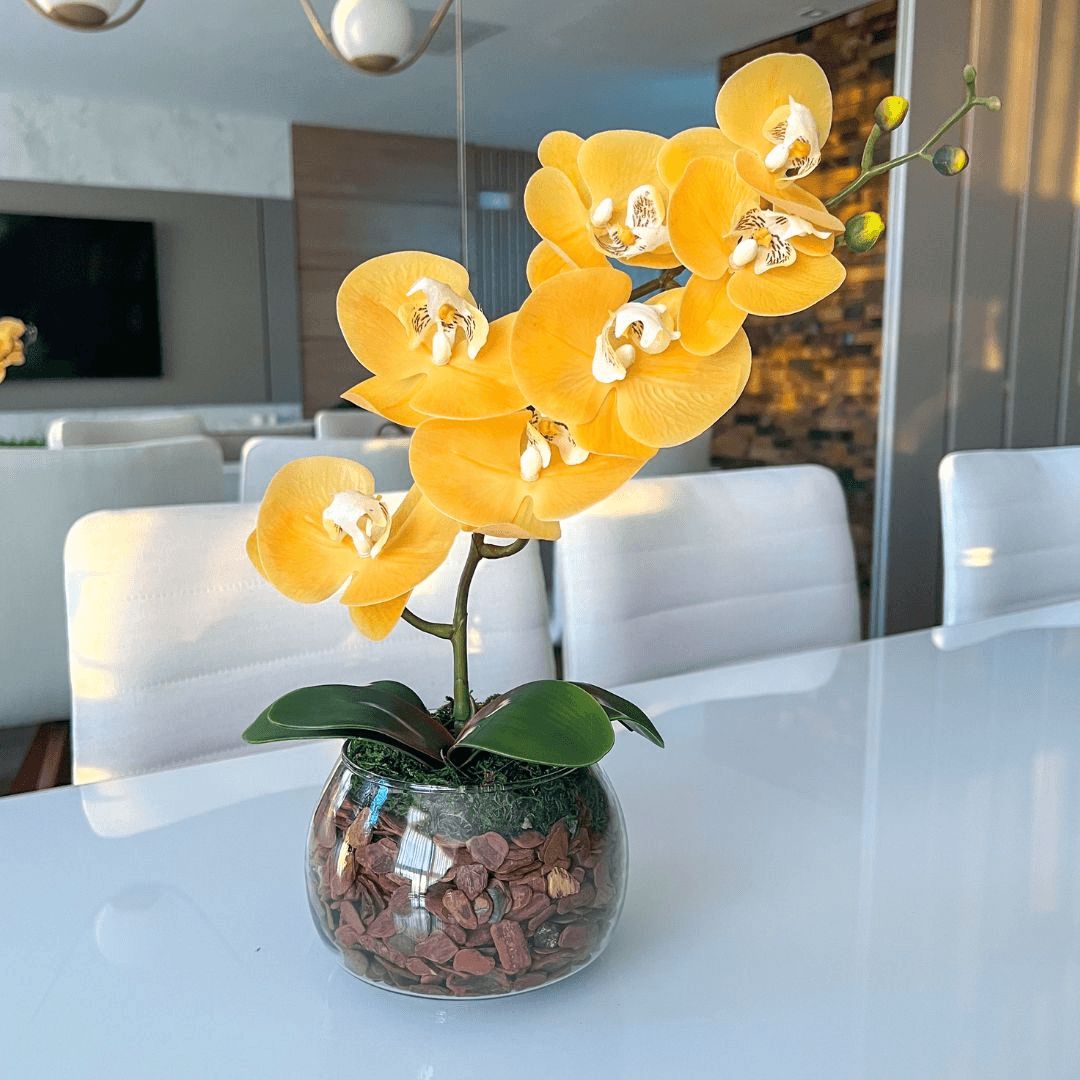 ARRANJO DE ORQUÍDEA AMARELA VASO DE VIDRO INCOLOR LUIS